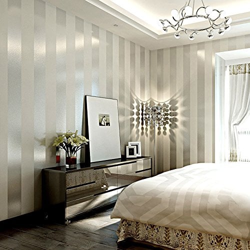 YangYun Décoration de la maison Moderne Minimaliste Rayé Vertical Non-Tissé pour Chambre Salon Papier Peint Non-Collé Crème Couleur Argent 1,73'W x 32,8'L, Rayé Large est de 0,43'