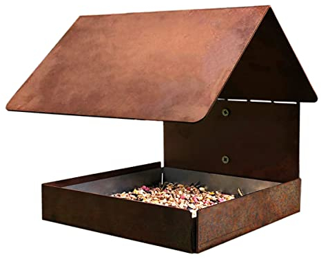 Jake’s Farm Yard Metal Steel Wall Mounted Tree Mount Wild Garden Bird Feeder with Roof - Bird House Style Design for Garden or Home - Removable Food, Bird Seed Tray - Easy Install - Easy Cleaning