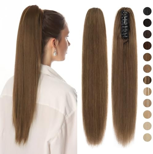 Silk-co Extensiones de Cabello Humano Clip Ponytail Hair Coleta Postiza Lisa Pelo Natural con Pinza Natural Extensiones de Cabello Clip Ponytail Extension 35cm-105g 04# Marrón Medio