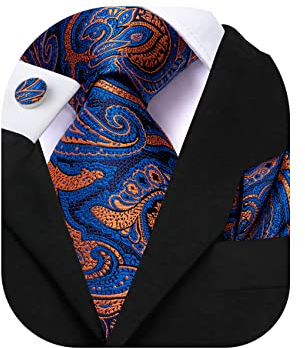 Dubulle Herren-Krawatten-Set, solide Paisleymuster, Krawatte für Herren, Einstecktuch, Manschettenknöpfe, formelle Seide, dunkelblau, Mittel