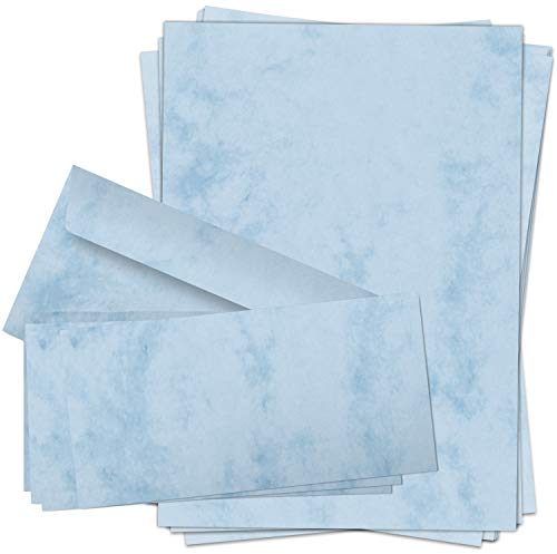 25 Briefpapiere und Briefumschläge SET | Marmor Blau | Papier und Umschlag mit Design-Motiv bedruckt | 90 g/m²