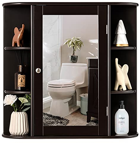 COSTWAY Armoire Murale de Salle de Bains avec Miroir (Marron) | Armoire à Pharmacie pour Toilette avec Étagères Réglables et Compartiments Ouverts