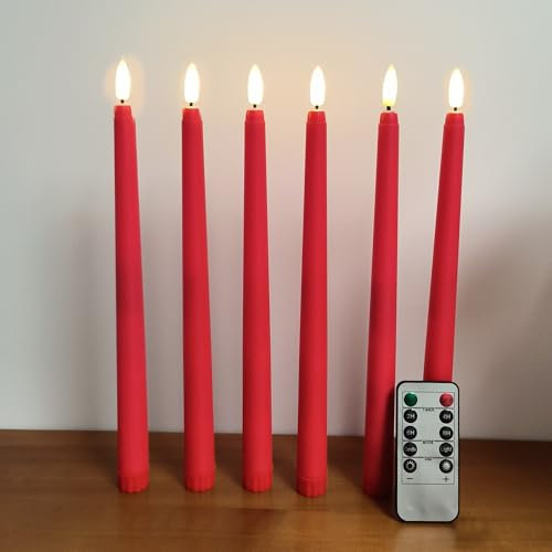 Ni-JASW Red Flameless Taper Candles with Remote, Christmas LED Candlesticks Battery Powered Flickering Set of 6