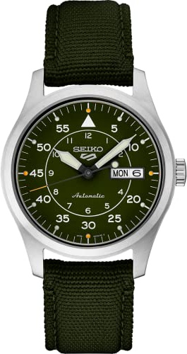 SEIKO SRPH29 Watch for Men - 5 Sports - Automatic with Manual Winding Movement, Green Dial, Stainless Steel Case, Green Nylon Strap, 100m Water Resistant, with Day/Date Display