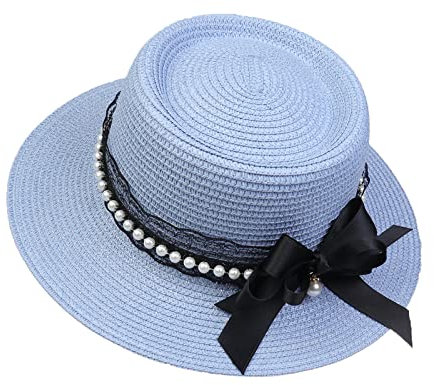 JK Home Panama Eté Femme Chapeau de Soleil avec Nœud de Papillon Capeline Large Bord pour Plage Mariage Camping Bleu Clair