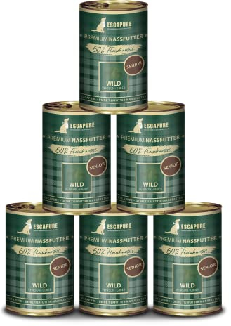 Escapure Senior Nassfutter Wild 6 x 400g Dose - 90% pures Wildfleisch Hundefutter - Dosenfutter Wildmenü ohne Zusatzstoffe - Ergänzungsfuttermittel für ältere Hunde frei von Getreide