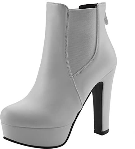 Stivaletti da Donna con Tacco Alto, Stivali Chelsea Tacco a Blocco Zip Punta Rotonda Polacchine Eleganti con Plateau, 9270Lsq Bianco Numero 36 EU