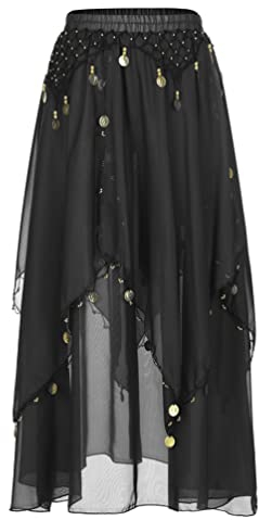 HULIJA Falda larga para danza del vientre, falda de danza del vientre, con lentejuelas, asimétrica, para bailar, carnaval, danza, disfraz oriental, A negro., Talla única
