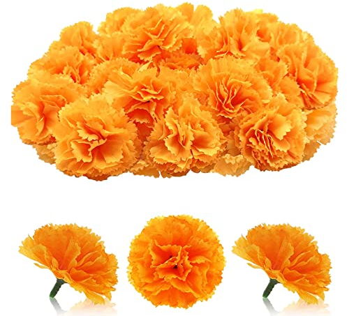 GEFIRE Faux-Nelke-Blumen-Köpfe 30 Stück Trockenblumen deko Künstliche Blumen Seidenmaterial, Langanhaltende Schönheit und Pflegeleichtigkeit Gut für Partydekoration Zuhause Hochzeitsdekoration(Orange)