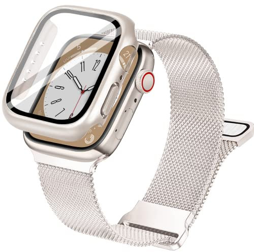 Vamyzji Compatible with Apple Watch Straps, 45mm Protective Case with Screen Protector, Adjustable Magnetic Milanese Mesh Metal iWatch Strap for Apple Watch Series 9 8 7 (Starlight)