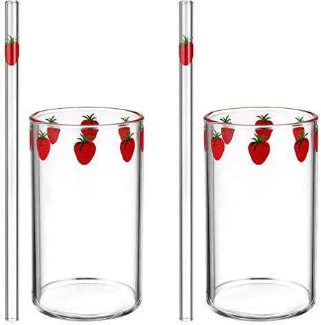Kichvoe 2sätze Transparente Erdbeer-design Trinkbecher Mit Strohhalm Hochtemperaturbeständiger Bruchsicherer Saftbecher Für Zuhause Für Wasser Und Cocktails