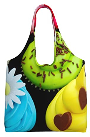 Debou Cupcake-Leinen-Tragetasche für Damen, große Kapazität, Lebensmittelbeutel, tragbar, wiederverwendbar, Handtasche, Schwarz , Einheitsgröße