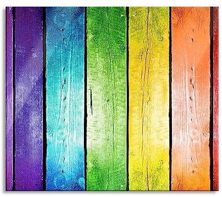 Bunte Zaunlatten Herdabdeckplatte & Spritzschutz aus Echtglas | Für Herd-Kochfelder | 60x52 cm