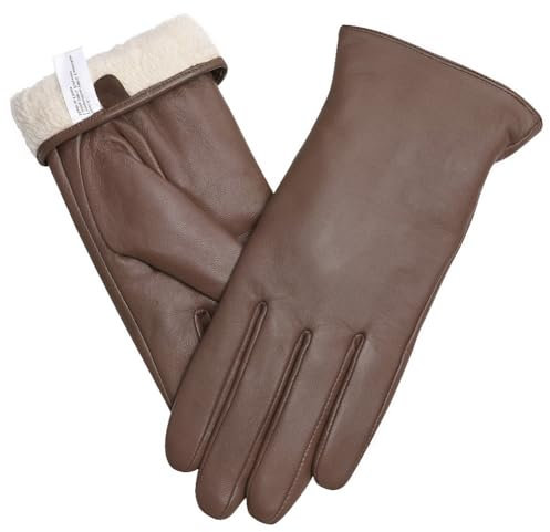 Ymmchy Touchscreen Handschuhe für Damen Warme Lederhandschuhe Gefüttert Winter SMS-Handschuhe Braun XL