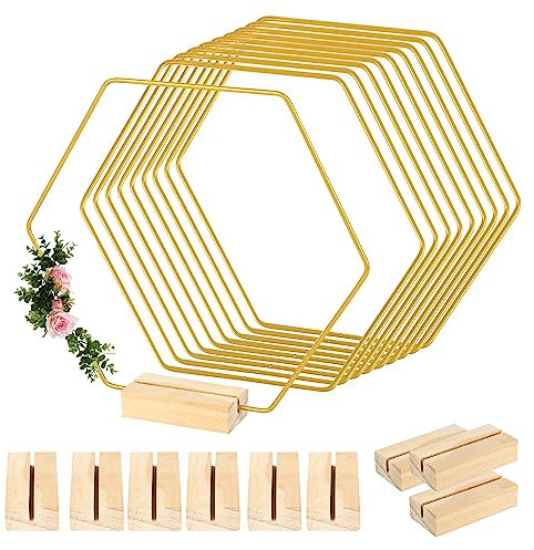 10 Stücke Sechseckiger Goldener Metallreifen, Traumfänger Metallringe,Gold Hexagon Metallring Makramee Ringe Für Feiern, Hochzeiten, Geburtstage (10 x 23cm Sechsecke + 10 x Holzsockel)