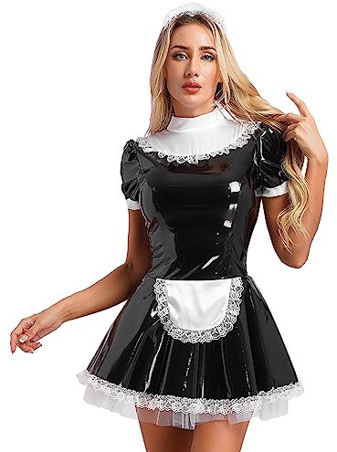 FEESHOW Damen Dienstmädchen Kostüm Lackleder Kleid Französisch Maid Uniform Sexy Karneval Fasching Kostüm Outfit A_Schwarz XXL
