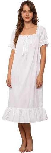 Nanxson Chemise De Nuit Victorienne en Coton pour Femme - Style Princesse Vintage à Manches Courtes/Longues (L, Manches Courtes Blanc)