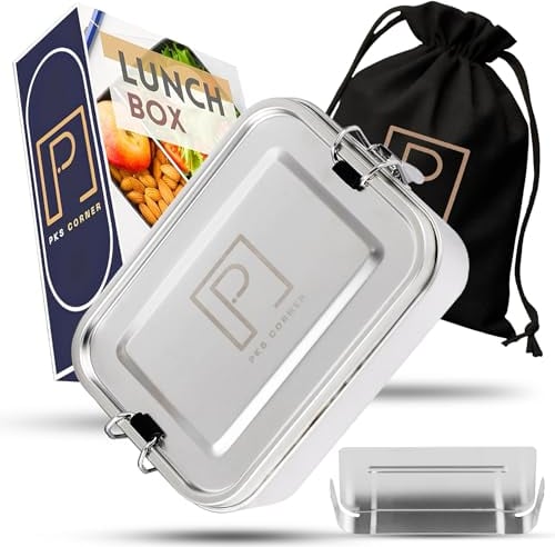 PKS CORNER - Stainless Steel Lunch Box with Movable & Removable Divider Reusable Metal Lunch Container 27 OZ (800 ML) Leak-Proof Bento Box Sandwich Tiffin Food Container for Adults and Kids