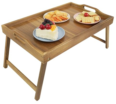 Utoplike Acacia Wood Bed Tray Table(51L x 33.2W x 25.4H cm), Large Food Tray with Folding Legs and Handles, Wood Serving Trays for Laptop Work in Bedroom, Livingroom Sofa