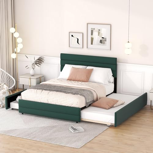 Kehun Polsterbett Doppelbett 140 x 200 mit Kopfteil für 3 Personen, Bett mit 2 Schubladen und Lattenrost, Stauraumbett mit Zusätzliches Ausziehbares Einzelbett, Leinen, Grün, Ohne Matratze