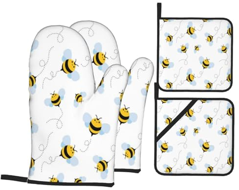 Gearsly Set di 4 guanti da forno e presine, simpatici e divertenti, resistenti al calore, antiscivolo, impermeabili, per cucina, cottura al forno, grigliate