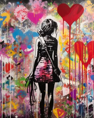 Tucocoo Malen nach Zahl Banksy Graffiti Girls Rücken DIY -Gemälde auf Leinwand mit Pinsel Acrylfarben Street Graffiti Farbe nach Zahlen für Erwachsene und Kinder Schüler Anfänger 40x50cm（ohne Rahmen）
