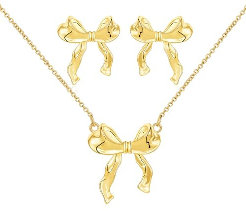 Halora Gold Bow Necklace and Earrings Set for Women Girls, Bow Ribbon Necklace Jewelry Gifts