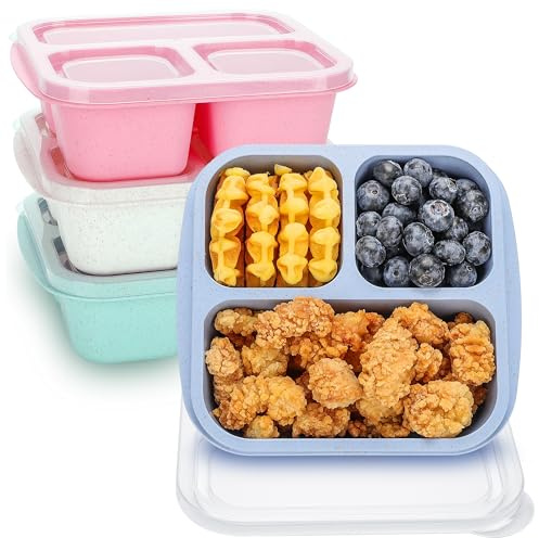 TOUWMX Bento Box For Kids, 4 Pack 3 Compartments Meal Prep Containers Reusable Lunch Containers, Food Storage Containers With Lids, Stackable Snack Boxes for School, Work, and Travel