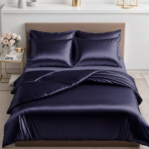 Cozyor Satin Bettwäsche 155x200 extra dick und weich mit robustem Reißverschluss 2X Kissenbezug 40x80 cm, edles Satin 3-teilig, dunkelblau Ocean