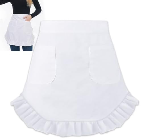 Mumjooyi Weiße Taillenschürze Rüschenschürze Schürze Dame Hausmädchen Schürze mit 2 Taschen Cosplay-Taillenschürze Verstellbare Taille Servierschürze Weiß Pinafore Schürzen Küche, Party
