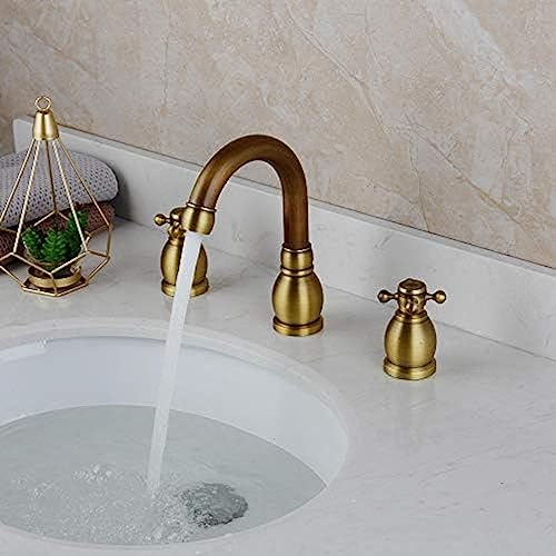 Waschtischarmaturen, luxuriöser, antiker Messing-Deckmontage-Badezimmer-Wasserhahn, 3-teiliger Doppelgriff-Waschbecken-Mischbatterie,schnelle Befestigung