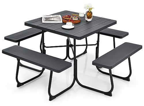 GIANTEX Ensemble de table de pique-nique pour 8 personnes, table carrée et 4 bancs en PEHD, avec trou pour parasol, texture semblable au bois, pour jardin, patio (Noir)