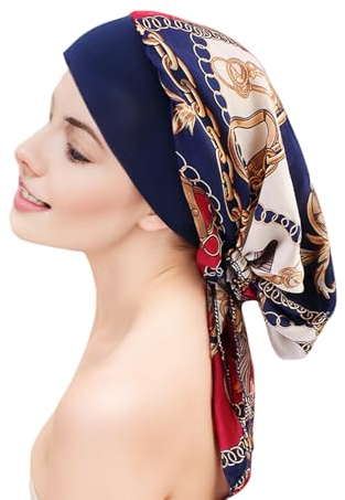 Elegance-go Kopftuch Damen, Sommer Bedruckte Schal Elastische Turban Kopfbedeckung, Baumwolle Kappe für Frauen Haarausfall Krebs Chemo (Navy Blue Chain)