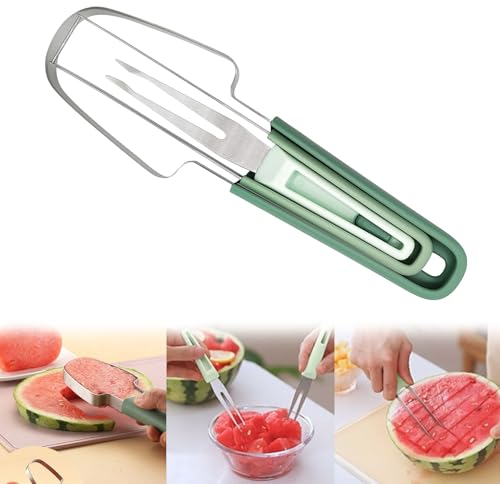 Ellxen 3 in 1 Edelstahl Wassermelonen Gabelschneider,Wassermelonen Schneider mit Melonenausstecher und Obstgabeln,Obstschneider Obst Schneider für Wassermelone Melonen (Grün)