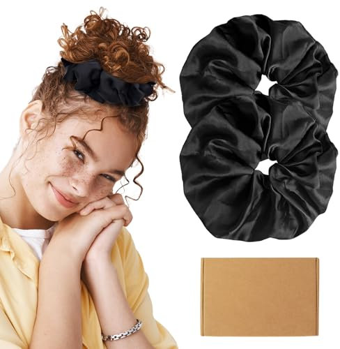 Annauiy 2 Stück XXL Scrunchies Haargummi-10CM Jumbo Satin Breite Rand Scrunchie für Dicke oder Dünne Haare,Haargummi für Damen,Scrunchies für Mädchen-Schwarz