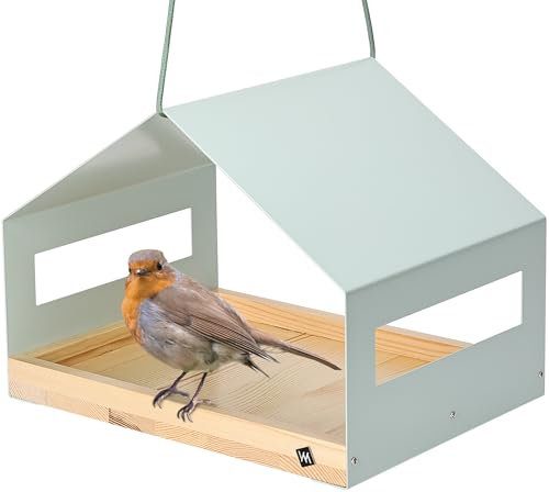 WONDERMAKE® Großes Design Vogelhaus aus Metall und Holz wetterfest zum Aufhängen, modernes Vogelfutterhaus XL Metalldach hängend, Vogelhäuschen Futterhaus für Vögel, Edelstahl Kiefer, türkis-grau mint
