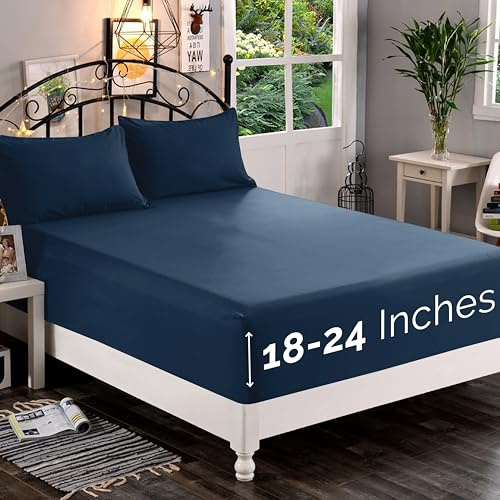 Elegant Comfort 1500 Premium Quality Fitted Sheet Ultra Soft 18-24 Inch Extra Deep Pocket - Single Fitted Sheet for High Mattress - Wrinkle Free with Smart Storage Pockets, Twin/Twin XL, Navy Blue