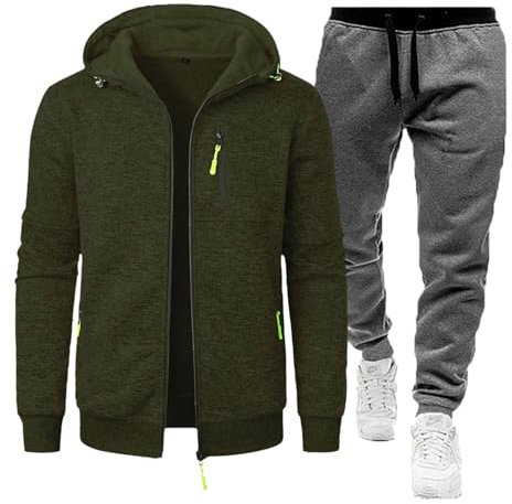 Trainingsanzug Herren Set Baumwolle Jogginganzug Einfarbig Tracksuit Kapuze Pullover mit Reißverschluss Sportanzug Casual Hausanzug Sport Anzug 2 Teilig Hoodie & Sporthose Activewear(Army Green,M)