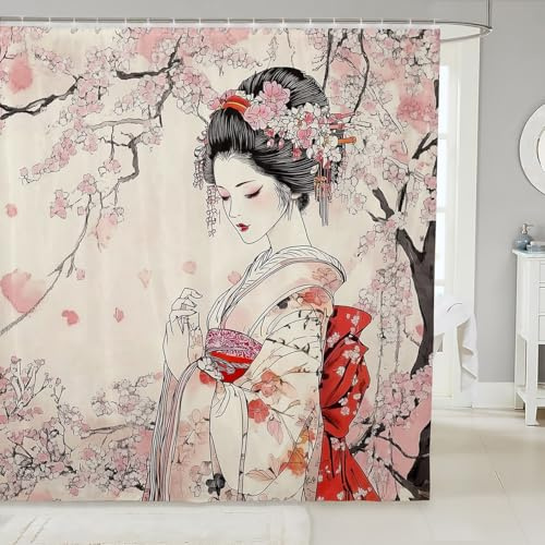 Loussiesd Badezimmer Japanische Geisha Duschvorhang 180x200cm für StändeKirschblüten Couchdecke Japanischer Stil Duschvorhang Textil Japanische Tradition Ästhetisch Duschvorhang