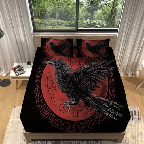 Spannbettlaken Gothic Runen Krähen Schwarz Rot, Weiche Atmungsaktiv Mikrofaser Spannbetttuch mit 2 Kissenbezug, Bedrucktes Spannbettlaken Tiefe Tasche 30 cm Rund-um Gummizug 180 x 200 cm