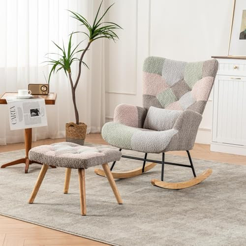 yangchoose Schaukelstuhl mit Fußhocker Relaxsessel Stillstuhl Wohnzimmerstuhl Polstersessel Ohrensessel Patchworkstuhl Holzstuhl Schaukelsessel mit Seitentasche und Lendenkissen für Erwachsene Bunt