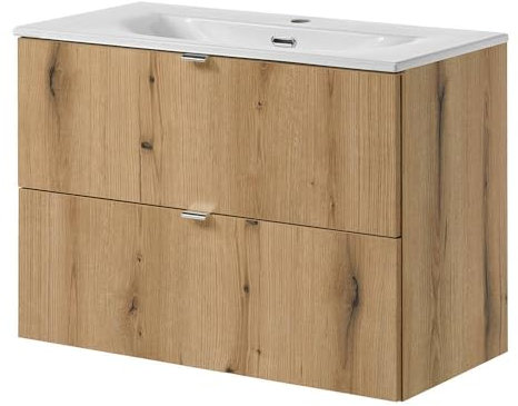 [en.casa] Badmöbel Skelbolu Waschtisch mit Unterschrank Badezimmerschrank 80 x 57 x 39 cm Waschbecken mit Unterschrank 2 Schubladen Badschrank Waschtischunterschrank hängend Eicheoptik