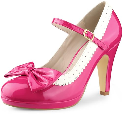 Perphy Escarpins à talons aiguilles avec sangle de cheville et nœud pour femme, rose vif, 37.5 EU