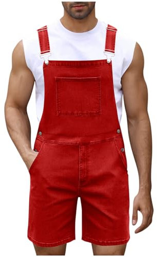 Salopette da uomo in denim salopette e bretelle salopette con tasca con cerniera tuta corta tinta unita casual jeans pantaloncini tuta da lavoro, Rosso, 3XL