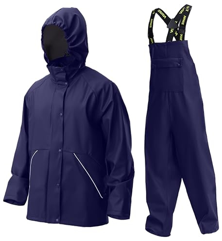 Navis Marine Herren Regenanzug Wasserdicht – Robust PU-Material mit Kapuze & Latzhose, Heavy-Duty Schutz für Arbeit, Bau, Angeln & Outdoor(Dark Blue,L)