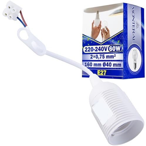 MONTERAL Douille de Chantier E27 avec Câble et Borne 160 mm 2x0,75mm² | Ø40 mm Max 60W 220-240V - Douille Chantier E27 de Couleur Blanche - Garantie de 10 Ans - MONTERAL