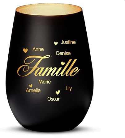 Love Faith Photophore personnalisé - Famille - Noir/Doré | Photophore en verre mat à personnaliser avec les prénoms de la famille - Jolie décoration pour la maison