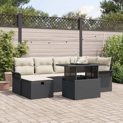 CongVVFV 7-teiliges Garten-Sofa-Set mit Kissen in Schwarz Poly Rattan für Innen- und Außenbereich, wasserdichtes Aluminium Gestell mit Stauraum und abnehmbaren Bezügen, Sitzgruppe