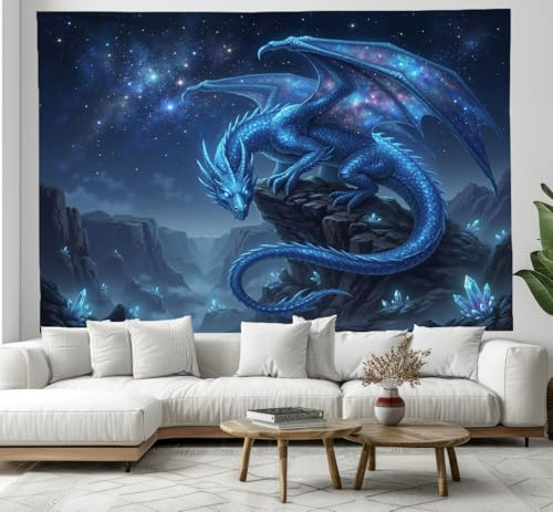 DLERFLOVR Wandteppich Mysteriöser Drache Wandtuch Wandbehang Magischer Nachtblick Wandteppiche Wanddekoration für Wohnzimmer Wohnheimdeko Sofa Teppich, 130x150 cm, Marineblau