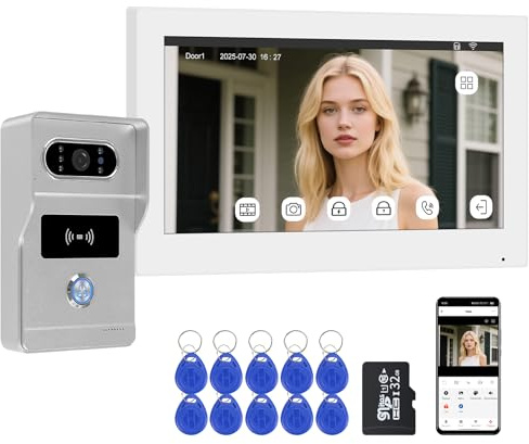 QttyElok Videocitofono WiFi 2 Fili Smart Tuya, 1080P HD Video Citofono con Telecamera, 7 Pollici Touch Monitor, Fotocamera Visione Notturna IR, Registrazione, Sblocco RFID Carta/APP, IP65